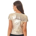 thumbnail image 2 of YONGHS Women's Shiny Metallic Tops Holographic Crop Top Short Sleeve T Shirt Disco Party Blouse Gold S, 2 of 6