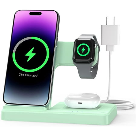 ZJQYDS Charger Stand Charging Station: 3 in 1 Charger Multiple Devices for Apple iPhone 17 16e 16 15 14 Pro Max 13 12 11 for Watch 10 9 8 7 6 5 4 3 2 SE and Ultra & Airpods Series, Light Green