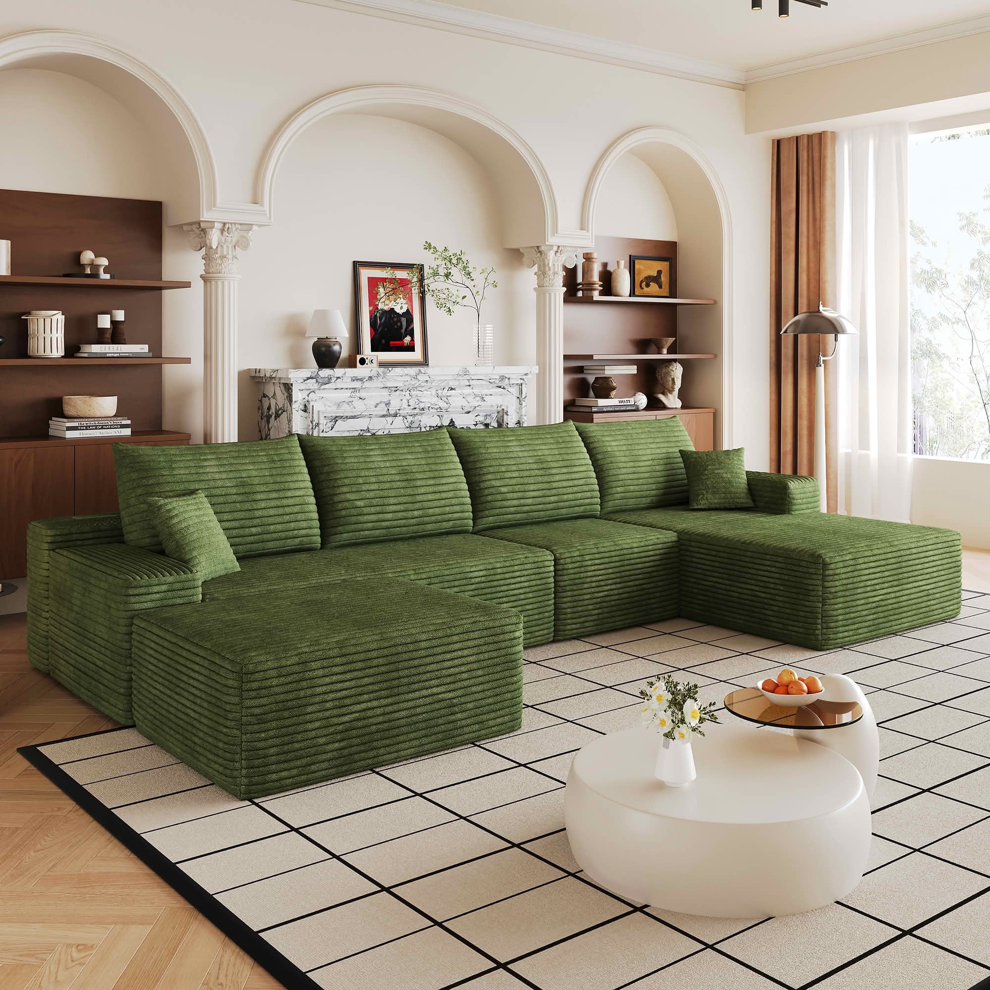 MAYEERTY 135-Inch Green Plush Corduroy 5-Seat U-Shaped Cloud Modular Sectional Sofa, Deep Seat Corner Couch with Ottoman No Assembly Required