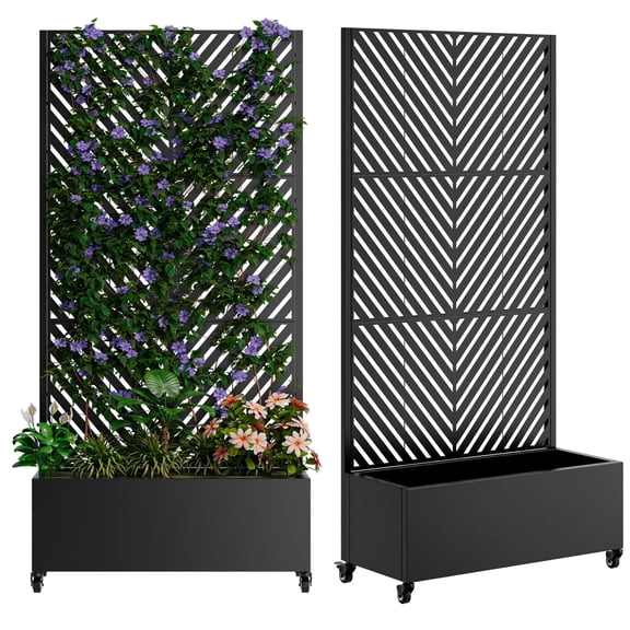 NIGSQJB Metal Planter Box with Trellis, Planter Raised Beds w/ 4 Wheels & Drainage Holes, 73.21" Garden Planter with Trellis & Privacy Screen for Climbing Plants,Vegetables,Vines, Style A