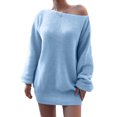 thumbnail image 2 of Women's Sweater Dress Knit Dress Long Sleeve Off Shoulder Solid Color Casual Winter Dress for Loungewear,Sky Blue,L, 2 of 7