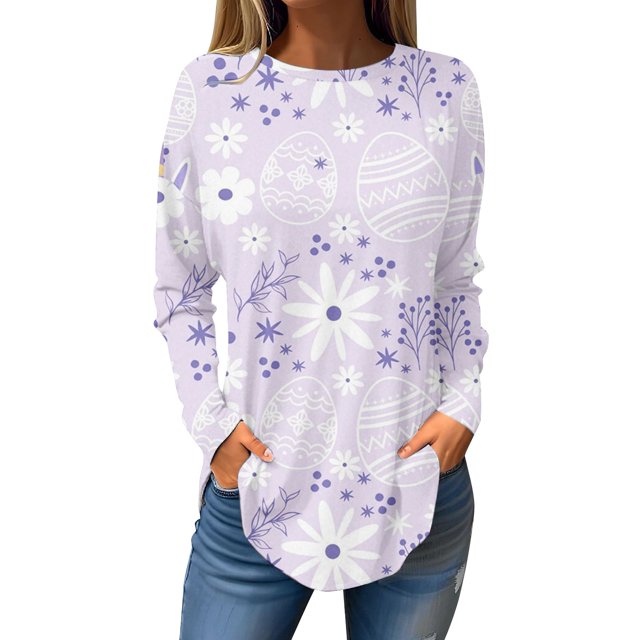 Pxiakgy Hauts de Pâques pour Femmes en Solde, Chemise à Manches Longues Imprimée Œuf de Pâques et Lapin Col Rond Décontracté Chandail en Molleton Printemps Pâques Lapin Œuf de Pâques Col Rond Ample Décontracté
