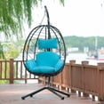 thumbnail image 2 of UHOMEPRO Outdoor Egg Chair, Patio PE Wicker Swing Egg Chair with Stand, Cushion and Headrest, All-Weather Rattan Hanging Basket Chair Hammock Chair for Home Bedroom Patio Balcony, Light Blue, 2 of 7