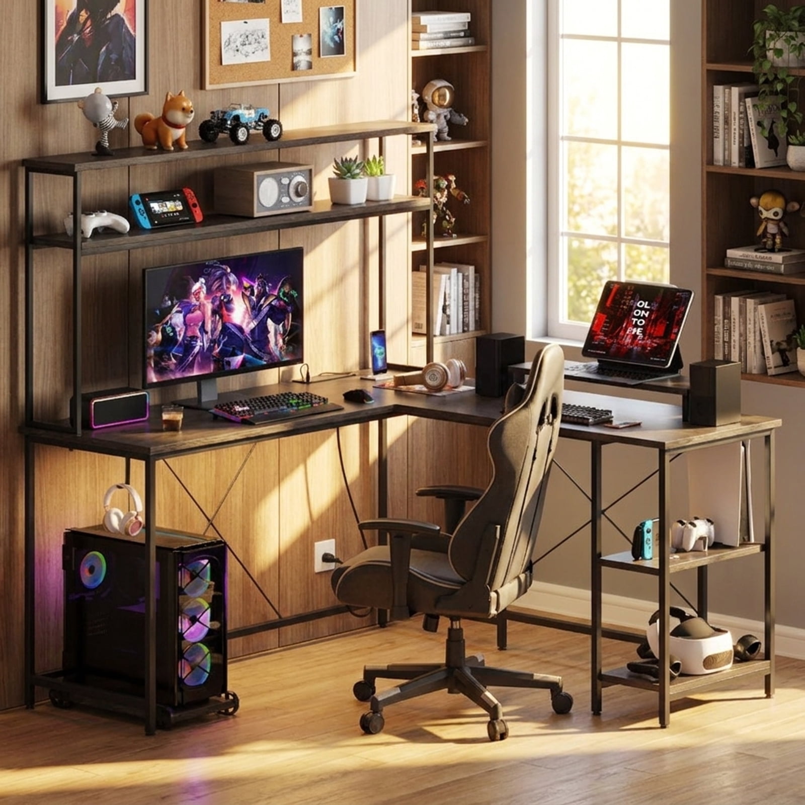 Furnibear L Shaped Reversible Gaming Desk with LED Strip and Power Outlets Hutch Monitor Stand, Gray