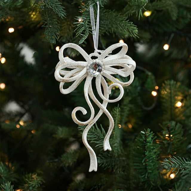 Adorno del árbol de Navidad Forma irregular blanca | Plástico para colgar con purpurina | Diseño de cruz de arco mariposa 14x10cm | Decoración elegante para escaparates de casas navideñas