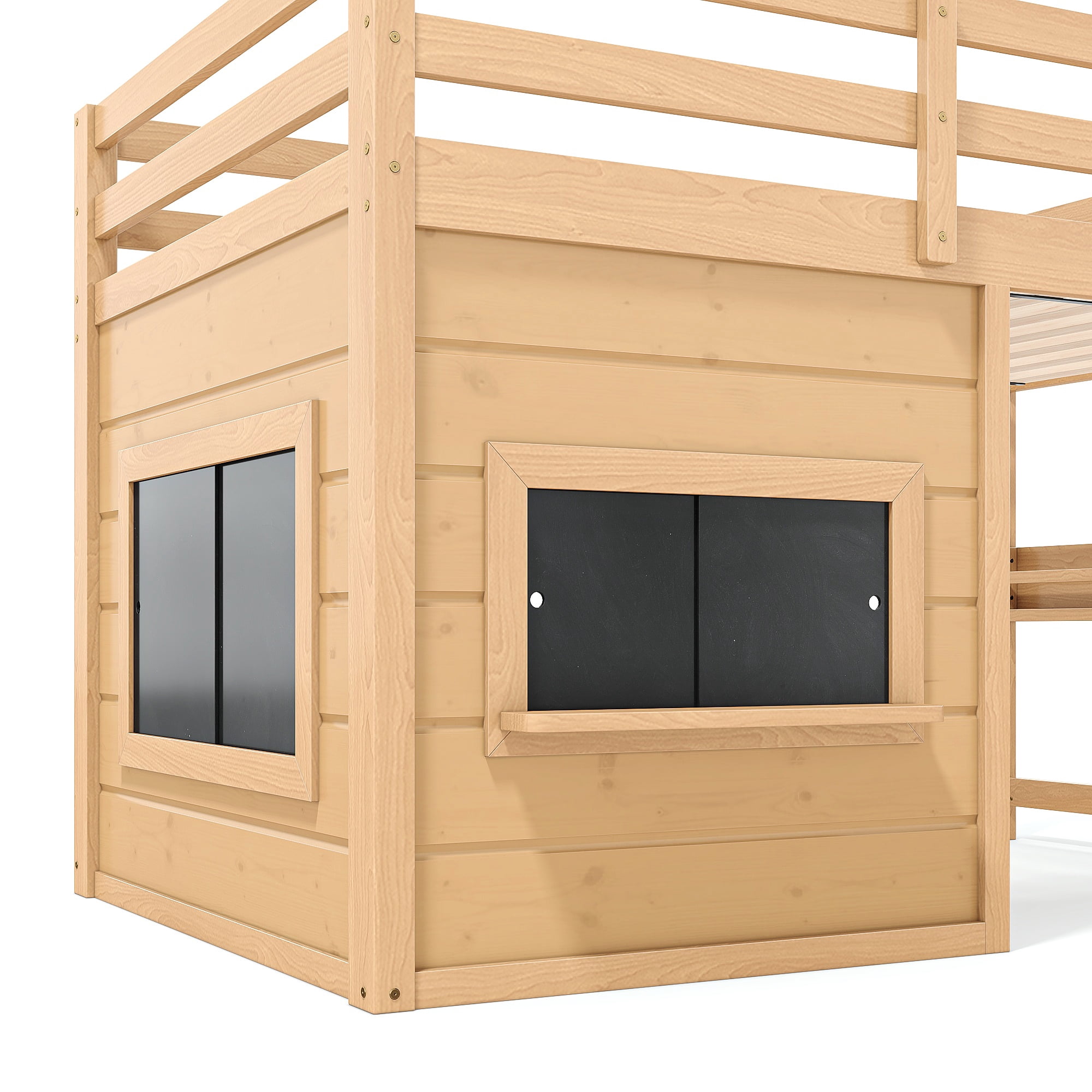 Leumius Twin Size Loft Bed with Storage Shelves,Solid Wood Low Loft Bed Frame with Chalkboard and Bookshelf,Space Saving,Light Natural