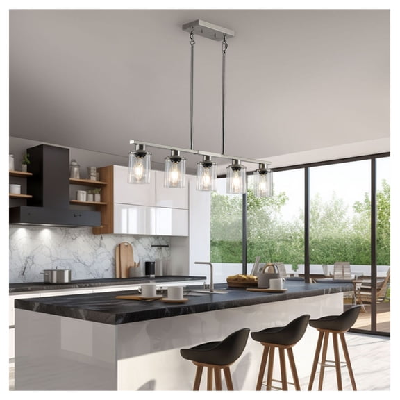 Brushed Nickel Chandelier 5-Light - Contemporary Kitchen Island Pendant Light with Clear Glass Shades for Dining Room & Farmhouse Decor