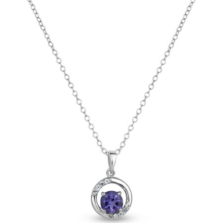 Amethyst and Created White Sapphire Sterling Silver Round Pendant, 18
