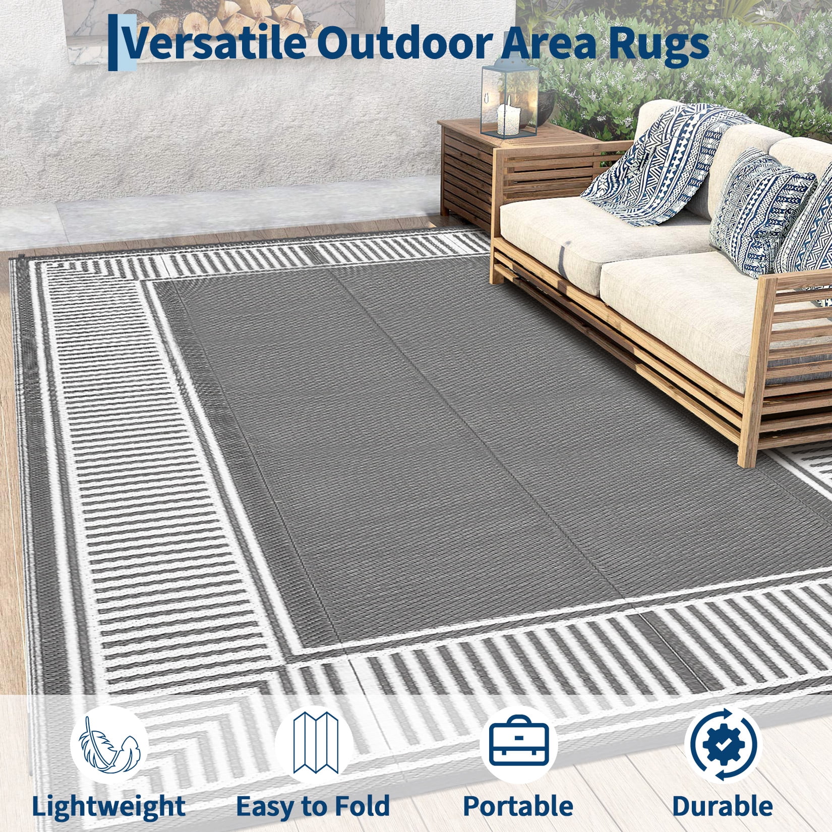 HIWEAVER 8' x 10' Gray/White Outdoor Rug PP Plastic Straw Woven Waterproof Patio Rug with Border Portable Outside Carpet for Balcony Deck Picnic Garden Decor