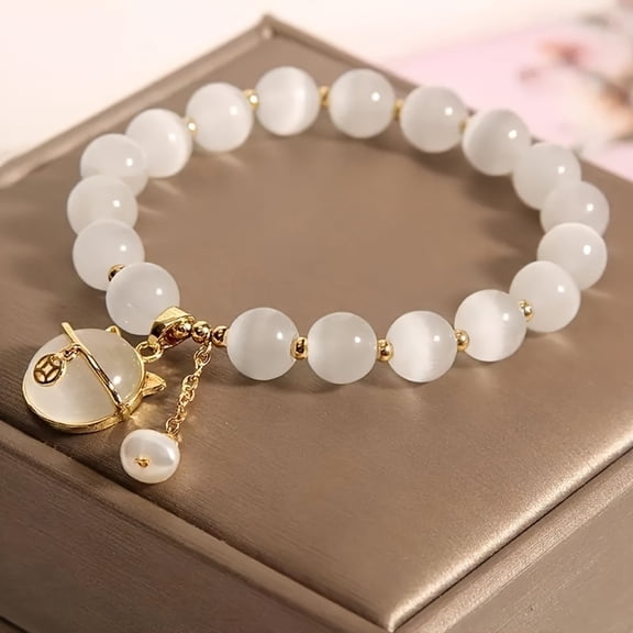 1Pc Fashionable Opal Beaded Bracelet With Cat Pendant For Men Women,white