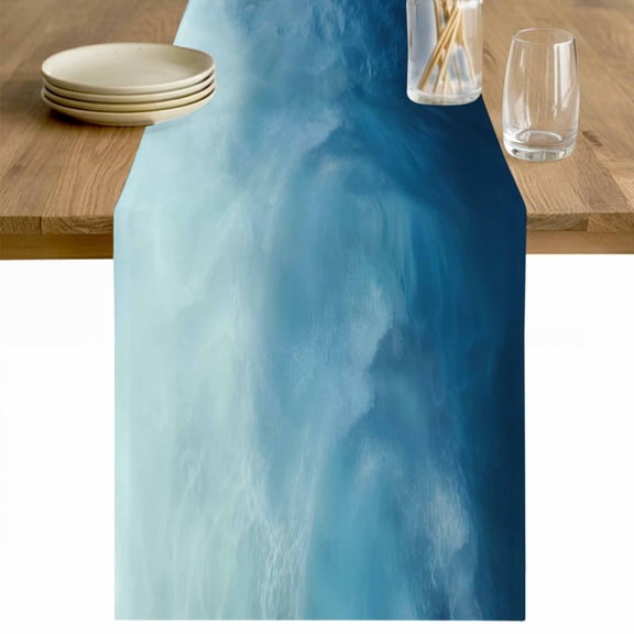 Blue Ombre Table Runner - 48 Inch Long Coastal Beach Modern Abstract Art Cotton and Linen Blended Dress Scarves Farmhouse Table Runner for Kitchen Dining, Coffee Table, 13" x 48"