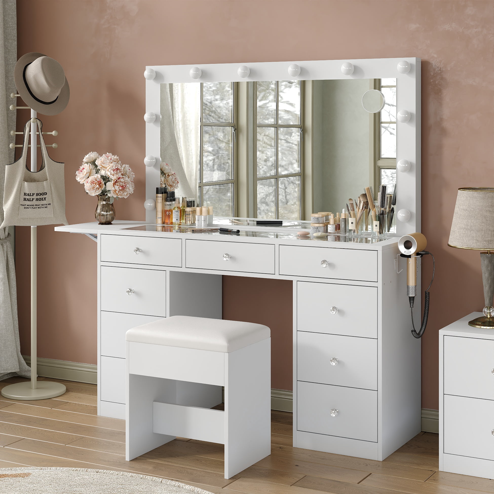 Make-up table, equipped with power socket, 9 drawers, 12 LED lights in the mirror, 3 lighting modes, glass tabletop and stool, foldable panel.