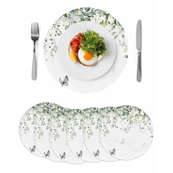 Eucalyptus Round 15 Inch Placemats Set of 6, Butterfly Sage Green Leaf Farmhouse Plant HeatResistant Non Slip Place Mats for Dining Table, Wipeable Braided Kitchen Table Mats for Housewarming