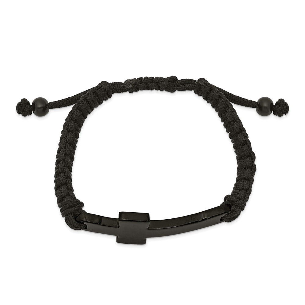 Diamond2Deal Stainless Steel Polished Black IP-Plated Cross Black Nylon Adjustable Bracelet for Men