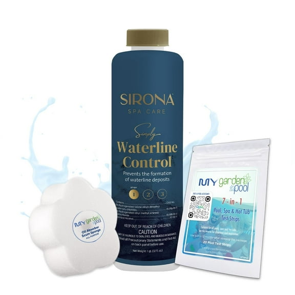 Sirona 82106 Simply Waterline Control, 32 fl Oz Includes My Garden Pool 20 Ct. Test Strips & Scum Sponge Prevents Waterline Buildup for Clean Spa Surfaces