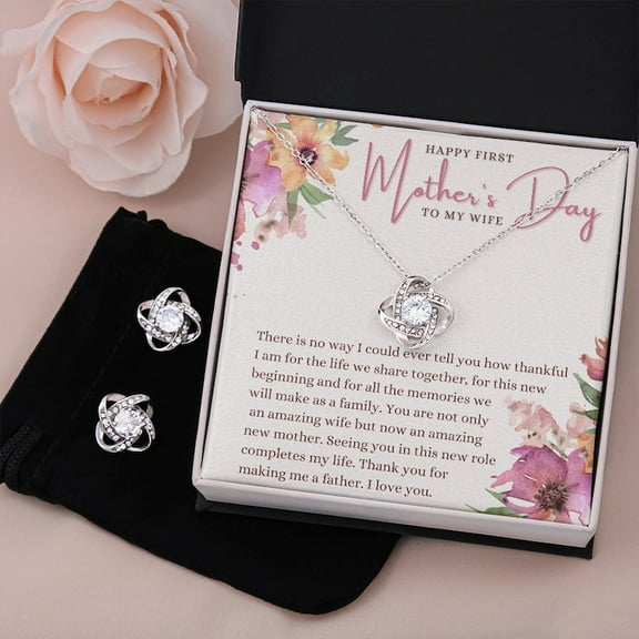 First Mother's Day Gift to Wife | Love Knot Earring & Necklace Set with Message Card | Message Card Jewelry Gift | First Mother's Day Gift