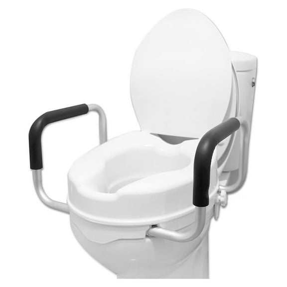 Toilet Seat Riser with Handles 4 inch (Fits Round and Elongated up to 15"), Raised with Lid, Seniors