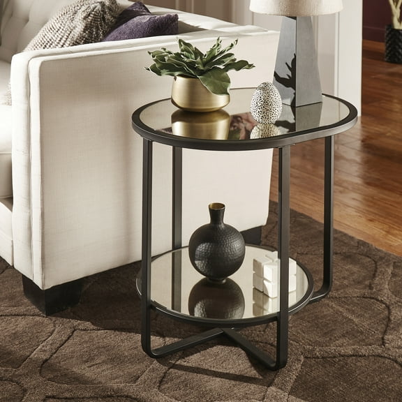Weston Home Selah Oval Metal End Table with Antique Mirror Top, Black