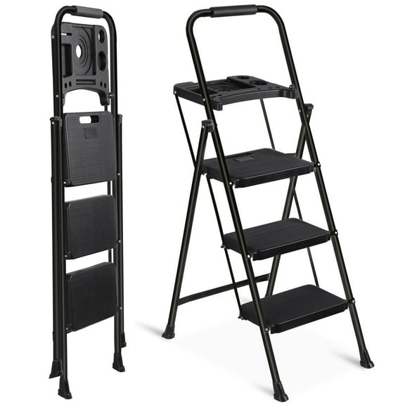 WSSYzyzf 3 Step Ladder with Tool Tray, Folding Step Stool with Wide Non-Slip Pedal and Handgrip in Black, Supports 350 lbs, for Kitchen, Garage, or Home, Compact