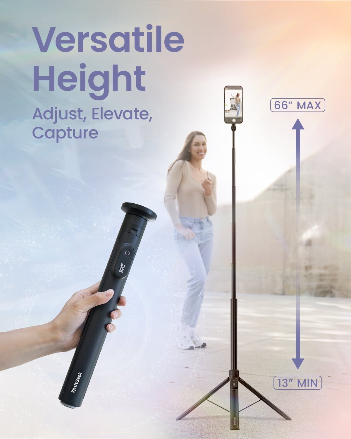 KraftGeek 66'' Magnetic Phone Tripod for iPhone MagSafe, Automatic Selfie Stick with Remote, Portable JustTap Tripod Stand for Video Recording, Travel, Vlogging (Black)
