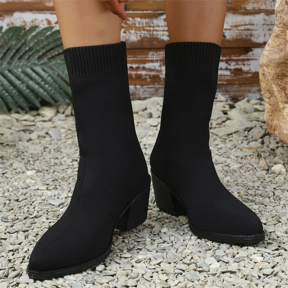XIMIN Women's Knit Chunky Block Heel Ankle Boots Fashion Solid Color Mesh High Heel Short Boots Fly Weave Mid Calf Boots Wide Mid Calf Boots Dress Sock Booties