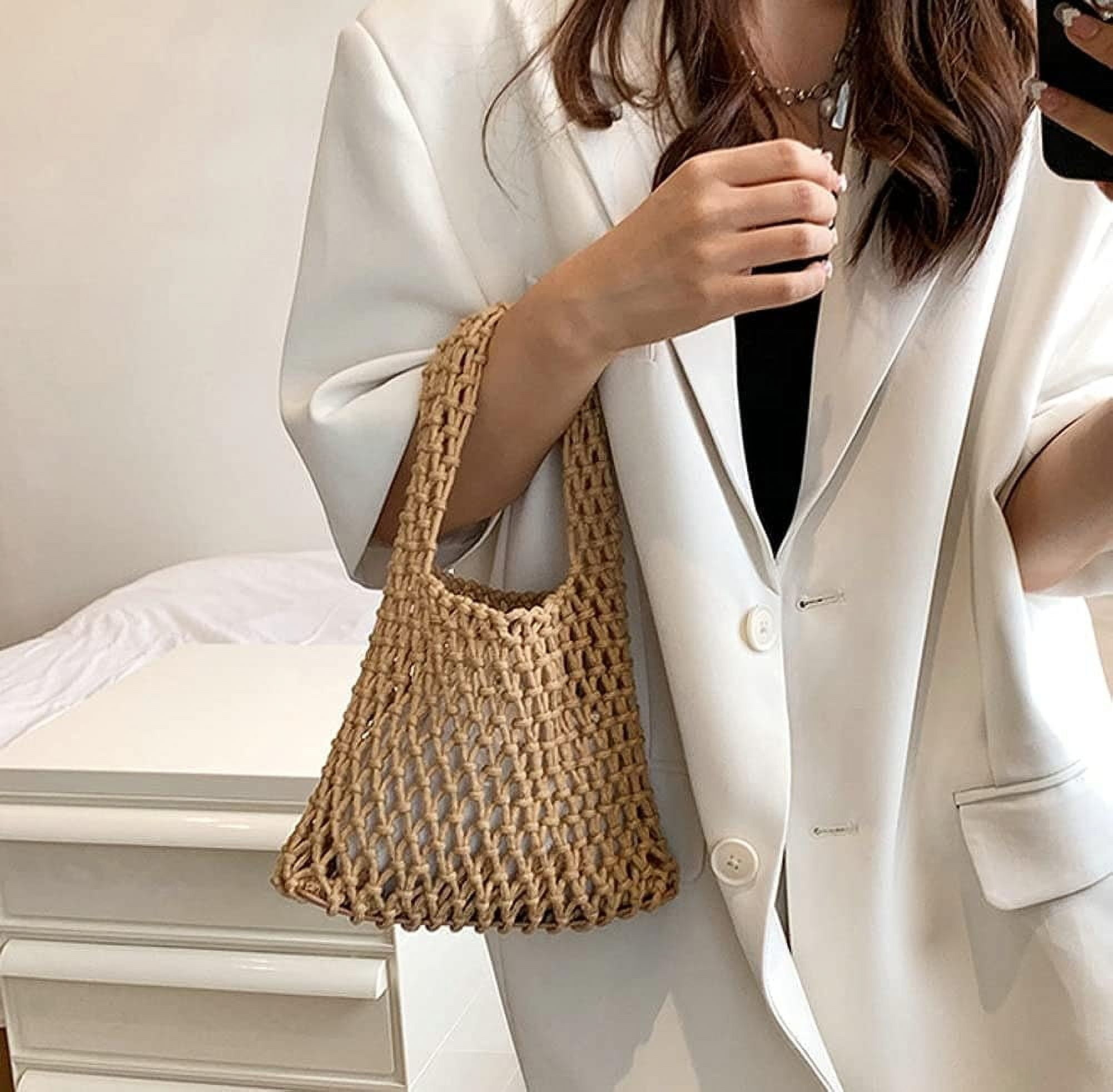 Kukuzhu Women Small Crochet Tote Handbag Cotton Top Handle Bag Summer Mesh Beach Bag Drawstring Fishing Net Bag Clutch Handbag