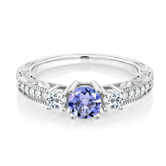 Gem Stone King 925 Sterling Silver Blue Tanzanite and White Topaz Engagement Ring for Women | 0.87 Cttw | Round Gemstone Birthstone | Wedding Engagement Anniversary Promise Ring for Women| Size 9