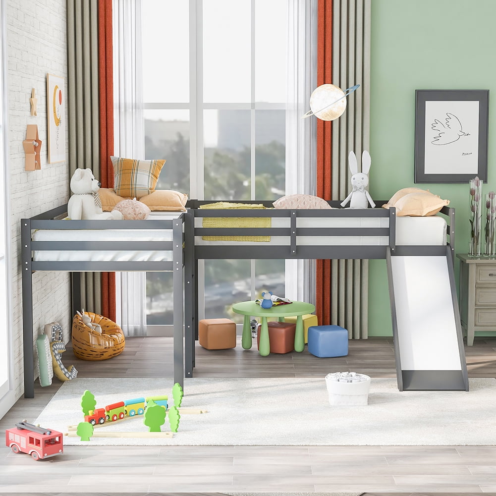 Kadyn L Shaped Loft Bed in Kid's Bedroom with Ladder and Slide, Gray Kadyn L Shaped Loft Bed in Kid's Bedroom with Ladder and Slide, Gray