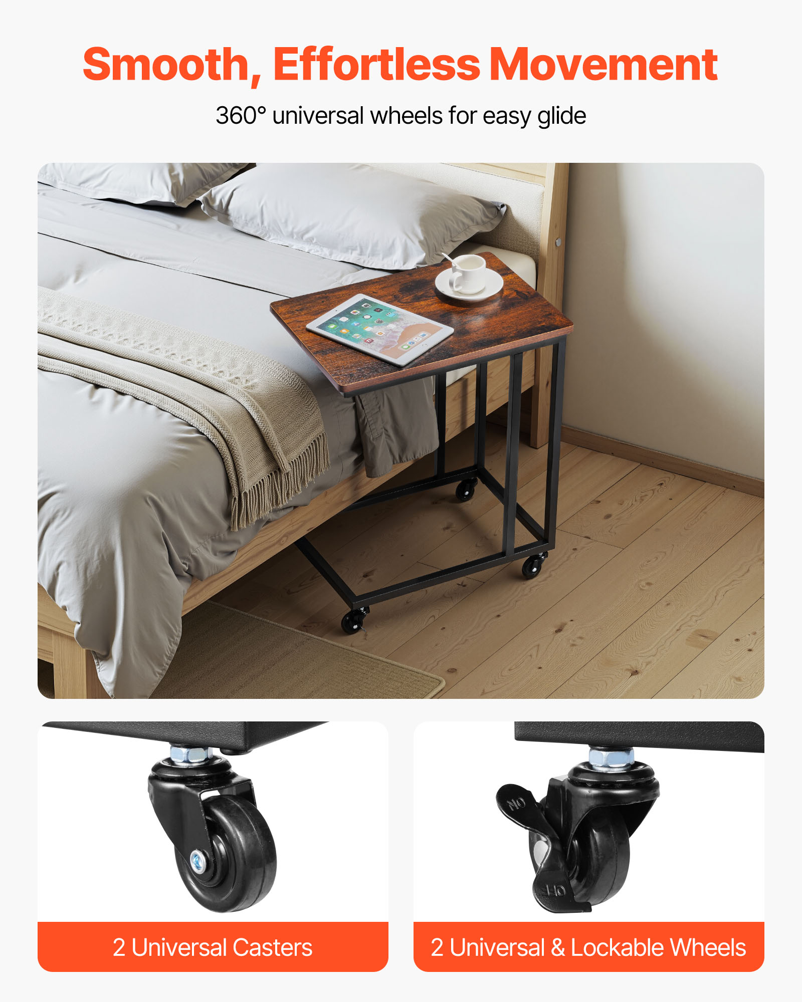 VEVOR C Table, C Shaped Sofa Side Table with Metal Frame Rolling Casters, Portable C Shaped End Stand for Living Room Bedroom Office, 19.69 x 13.78 x 23.82 inches Laptop Side Tables, Brown and Black