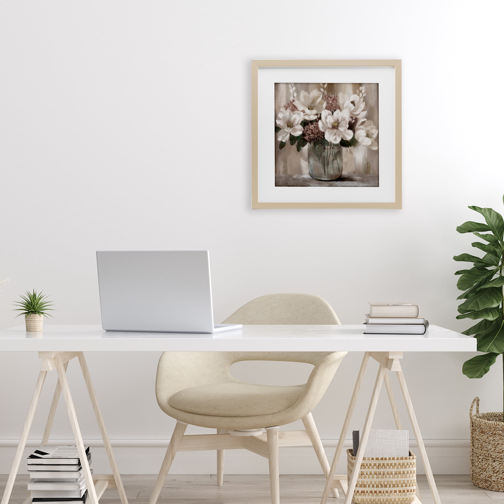 Stupell Industries Ivory Magnolias Vase Birch Framed Print Under Glass, design by Nan