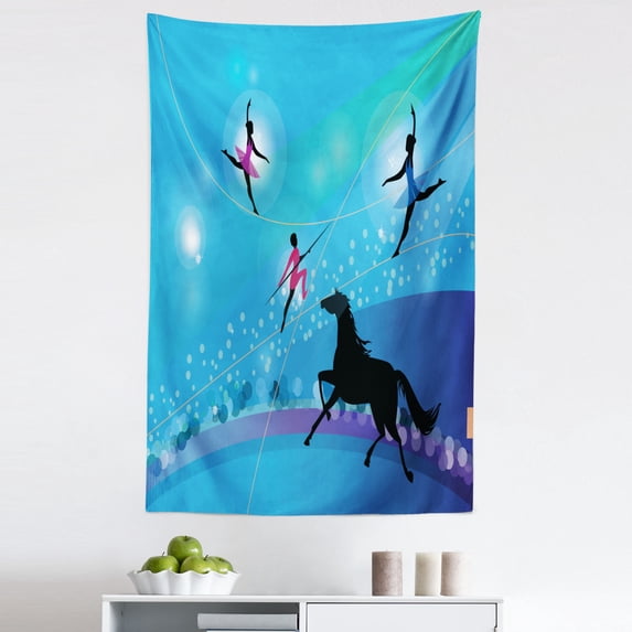 Circus Tapestry, Graphic Silhouettes of Trapeze Artists or Ballerina on Tightrope and Horse Theme, Fabric Wall Hanging Decor for Bedroom Living Room Dorm, 5 Sizes, Multicolor, by Ambesonne
