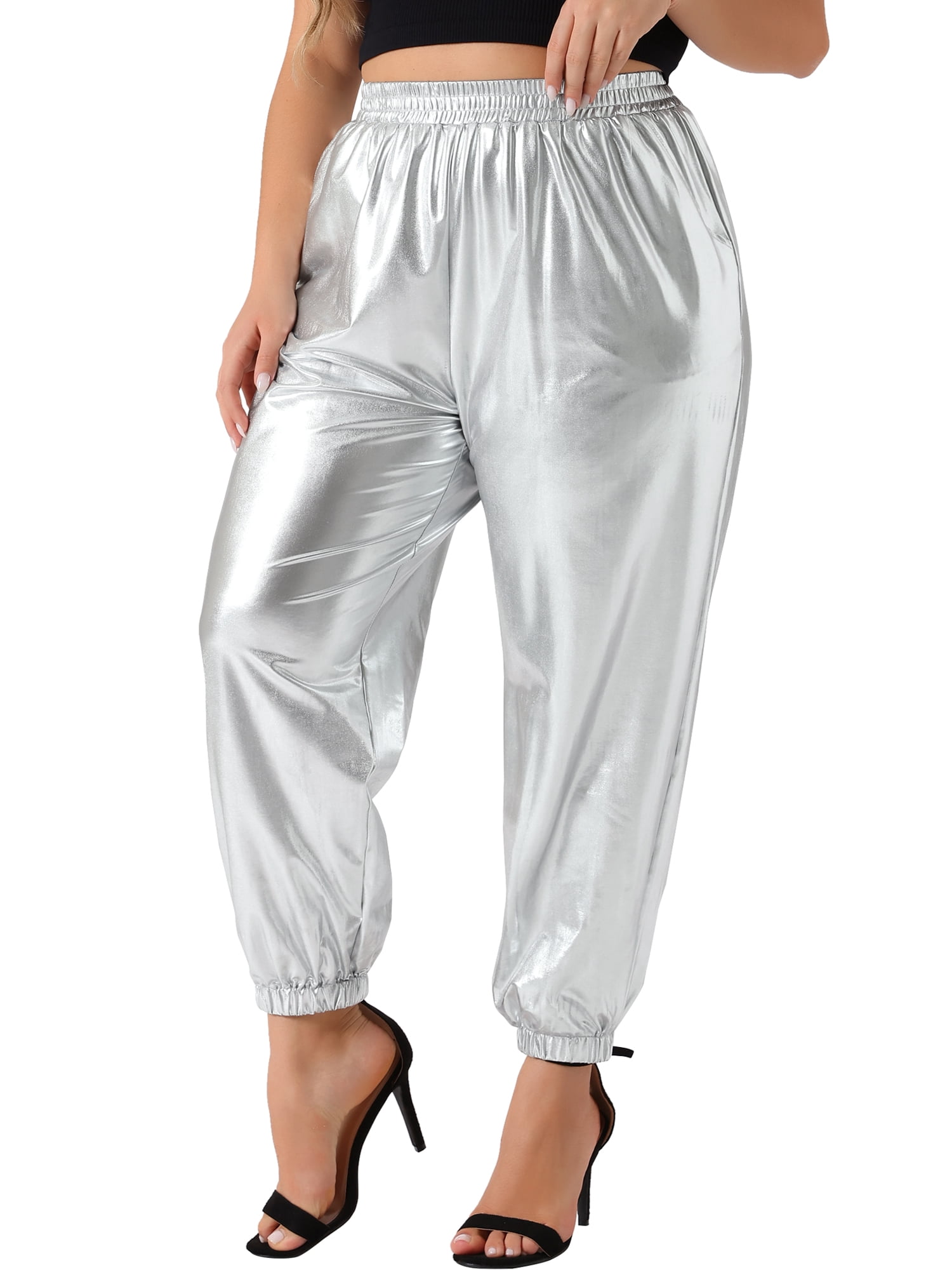 DARING DIVA Women's Plus Jogger Pants Metallic Shiny Stretchy Trousers 3X Silver