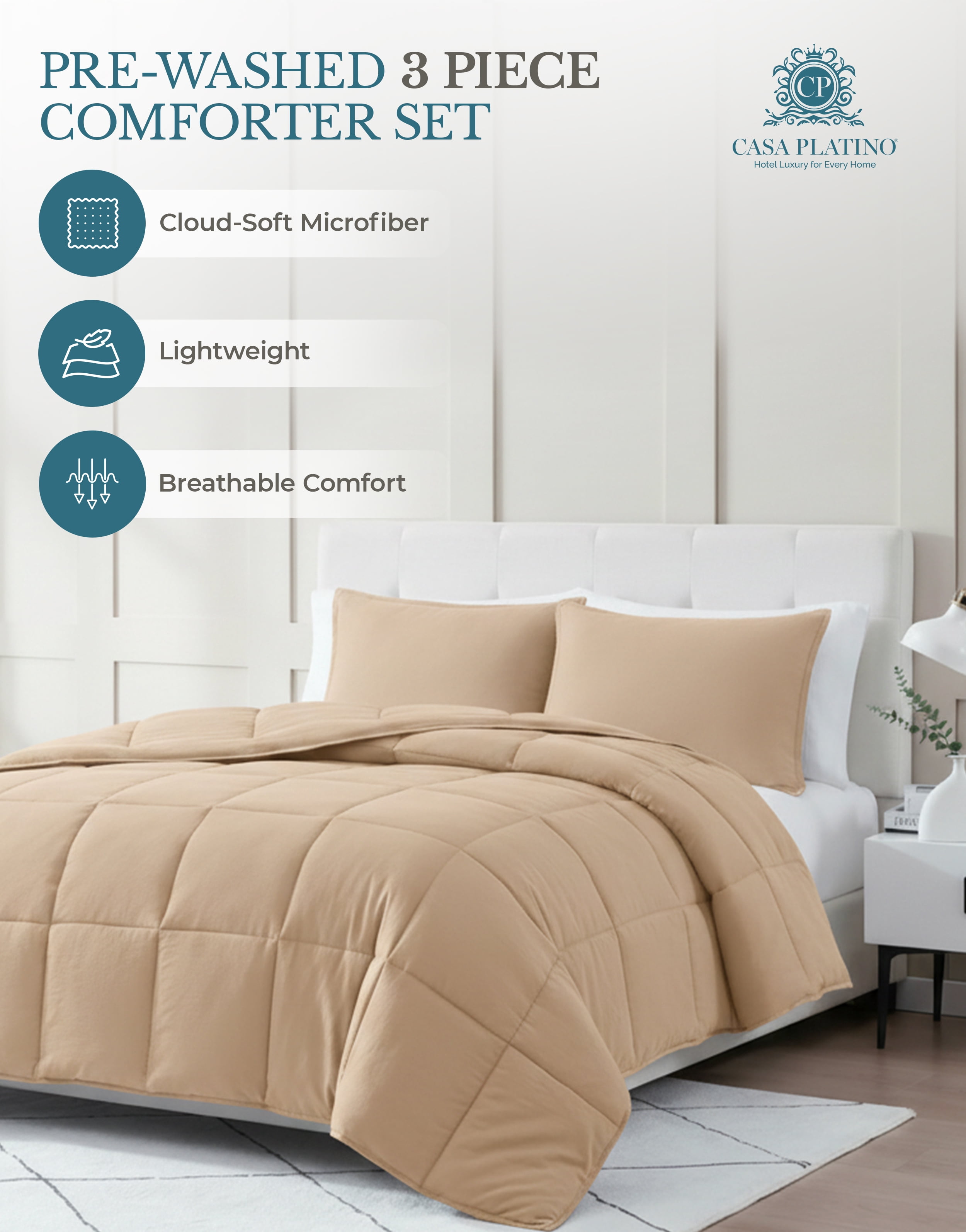 Comforter Set Twin - Goose Down Alternative – Washed Ultra-Soft Premium All Season Warmth Bedding (Twin/Twin XL, Beige)