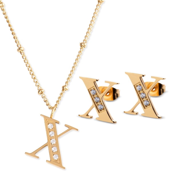 Juego Joyería Mujer, Collar Aretes Inicial Letras LuckyLy, Acero Inoxidable Baño de Oro 18k dorado UNITALLA