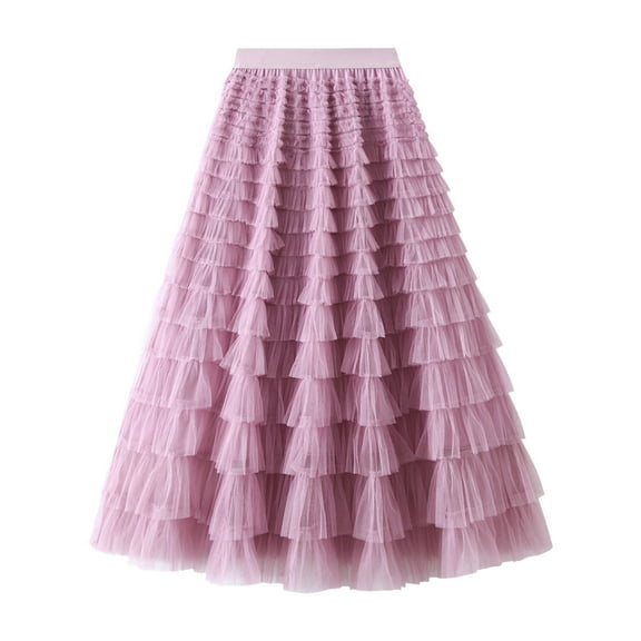 Fsqjgq Skirts for Women Preppy Black Long Skirt Women's A-line Pleated Skirt Long Tutu Skirt Ruffle Mesh Vintage Calf Length Chiffon High Waist Bubble Skirt Purple M