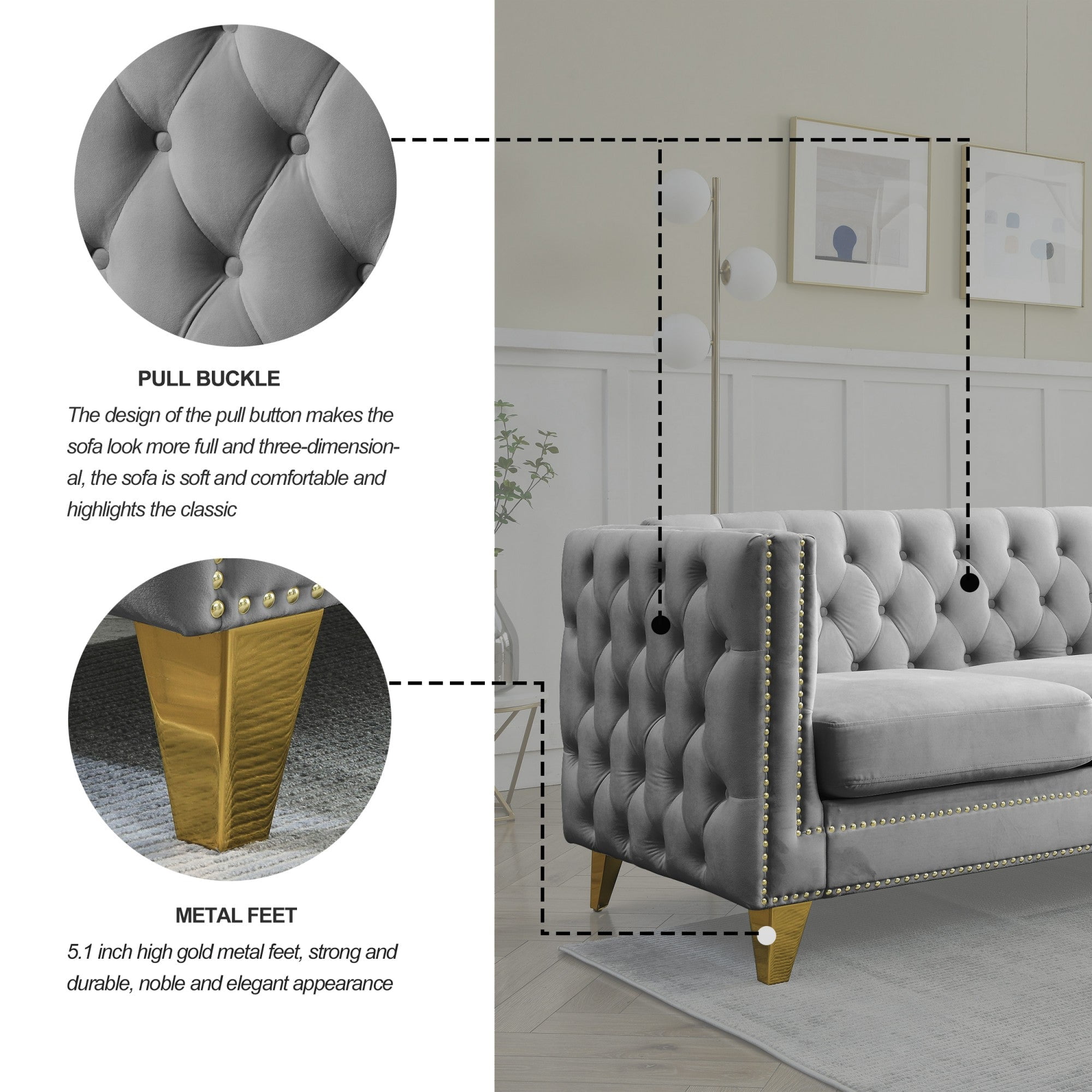 Sailvan 67" Modern Velvet Sofa, Button Tufted Chesterfield 3-Seater Couch with Nailhead Trim and Metal Legs for Living Room Gray