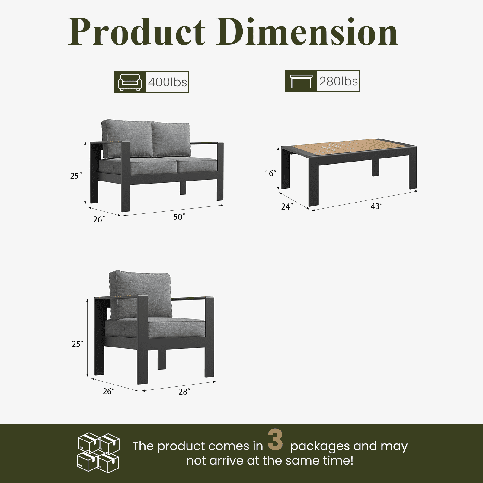 LayinSun Outdoor Aluminum Furniture Set with Coffee Table, Modern Patio Conversation Sets for Porch, Backyard