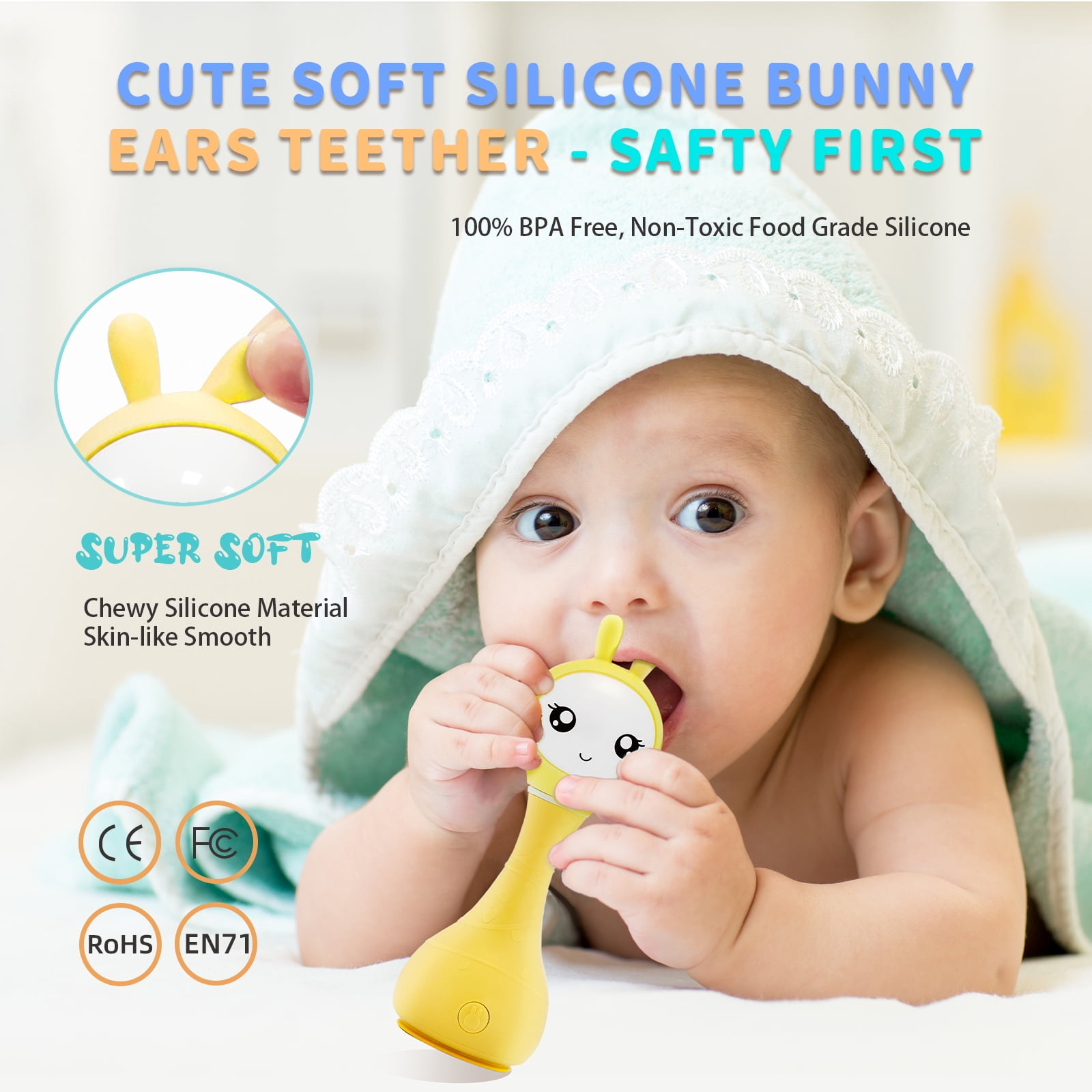 alilo Bunny Baby Rattle Toys - Teether Light-Up Rattles w/ Music Stories Lullabies All-in-one - Encourage Developmental Milestones 0-24 Months for Babies Infants Newborns (Smarty Bunny, Yellow)
