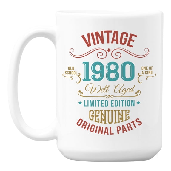 Vintage 1980, Well Aged, Birthday Year White Ceramic Coffee & Tea Mug (15oz)