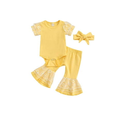 

Frobukio 3Pcs Toddler Baby Girls Romper Set Small Daisy Printed Mesh Stitching Romper + Flared Pants + Hairband Yellow 6-12 Months