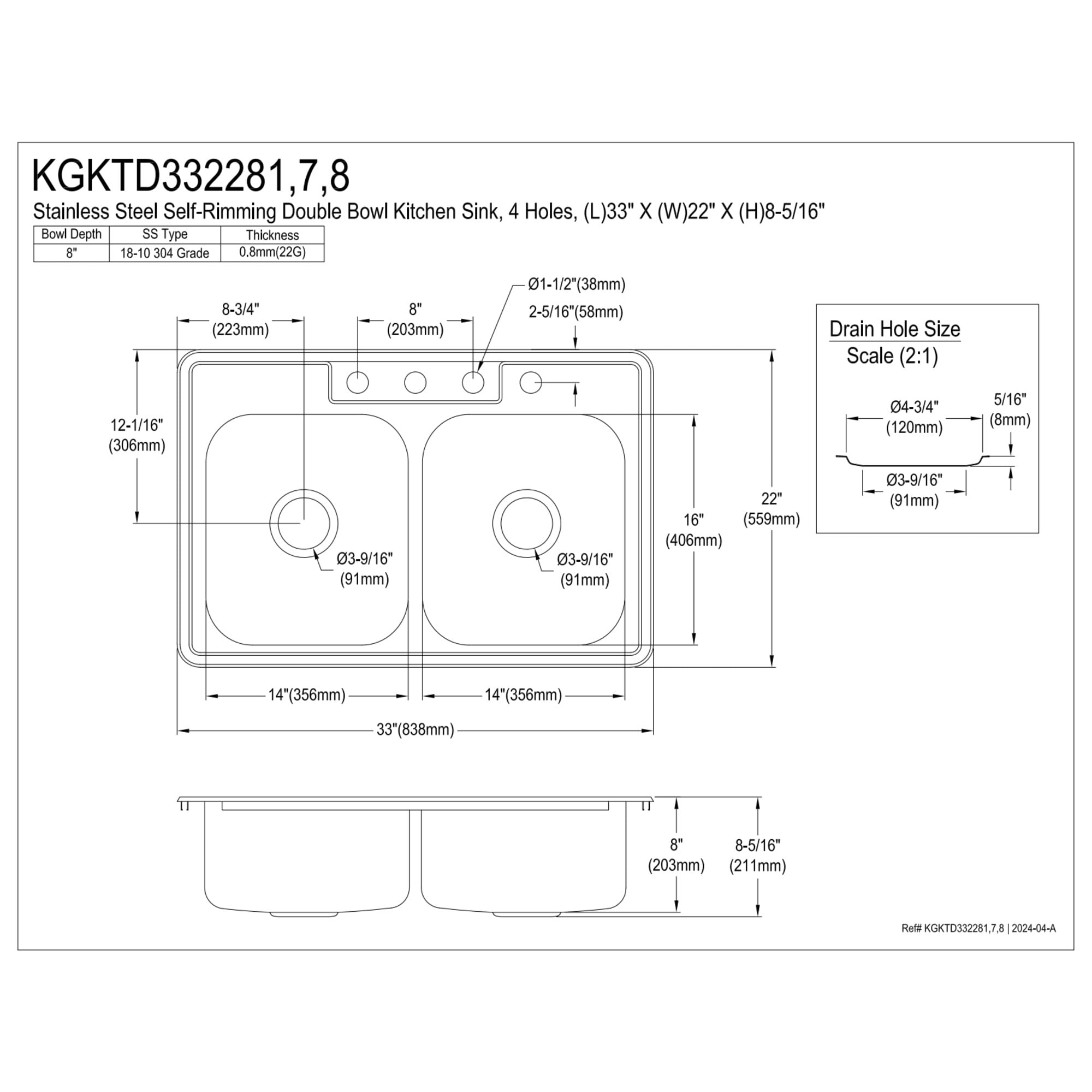 Kingston Brass Studio KGKTD332287 33" Stainless Steel Self-Rimming Double Bowl Drop-In Kitchen Sink with 4-Hole Drain and Strainer, Stainless Steel/Brushed Brass