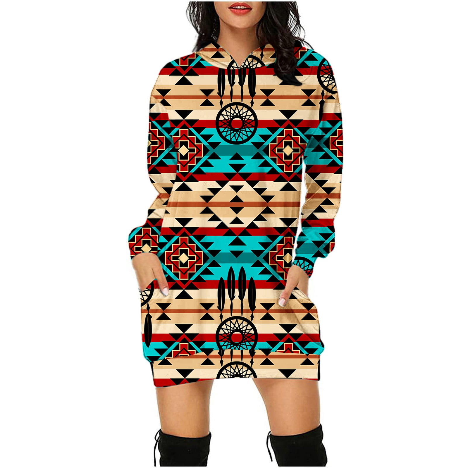 Women Ladies Print Dress Hoodie Pocket 