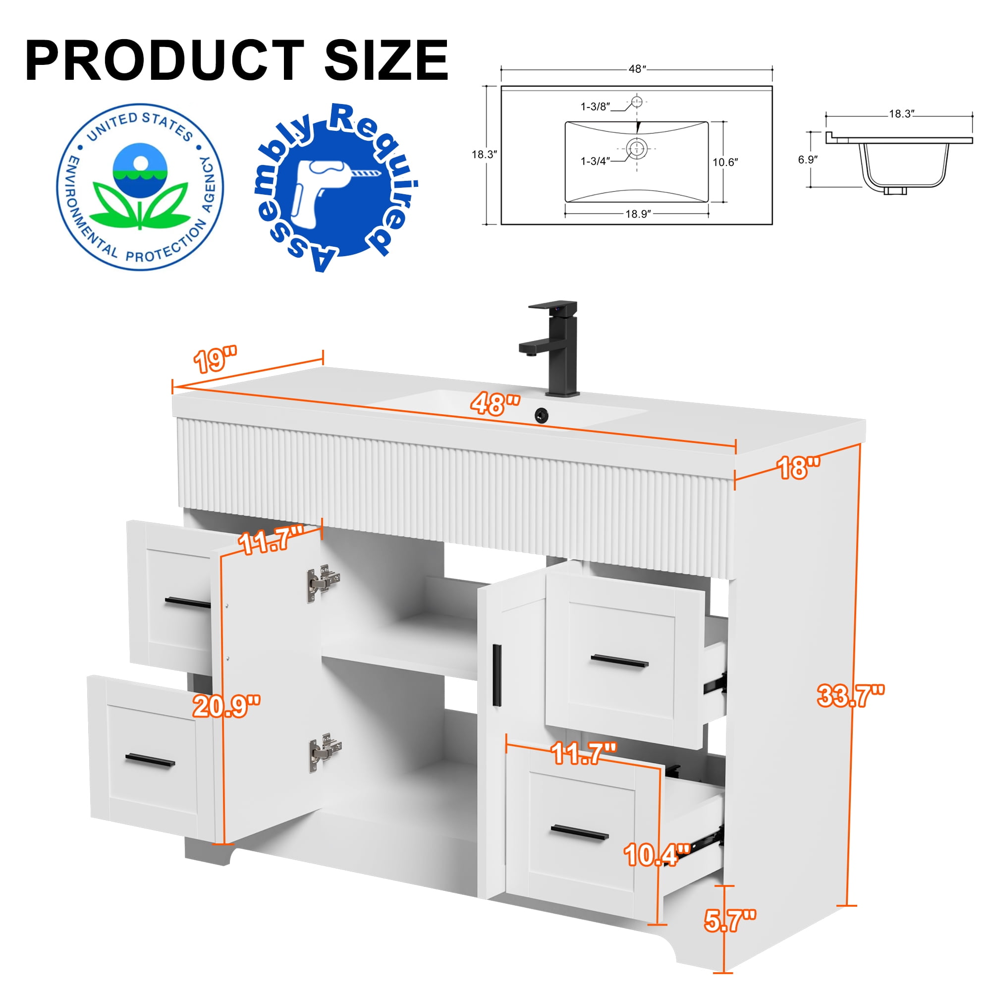 eclife Freestanding Single Sink Bathroom Vanity with Resin Top, Faucet, and Drain, 48 Inch