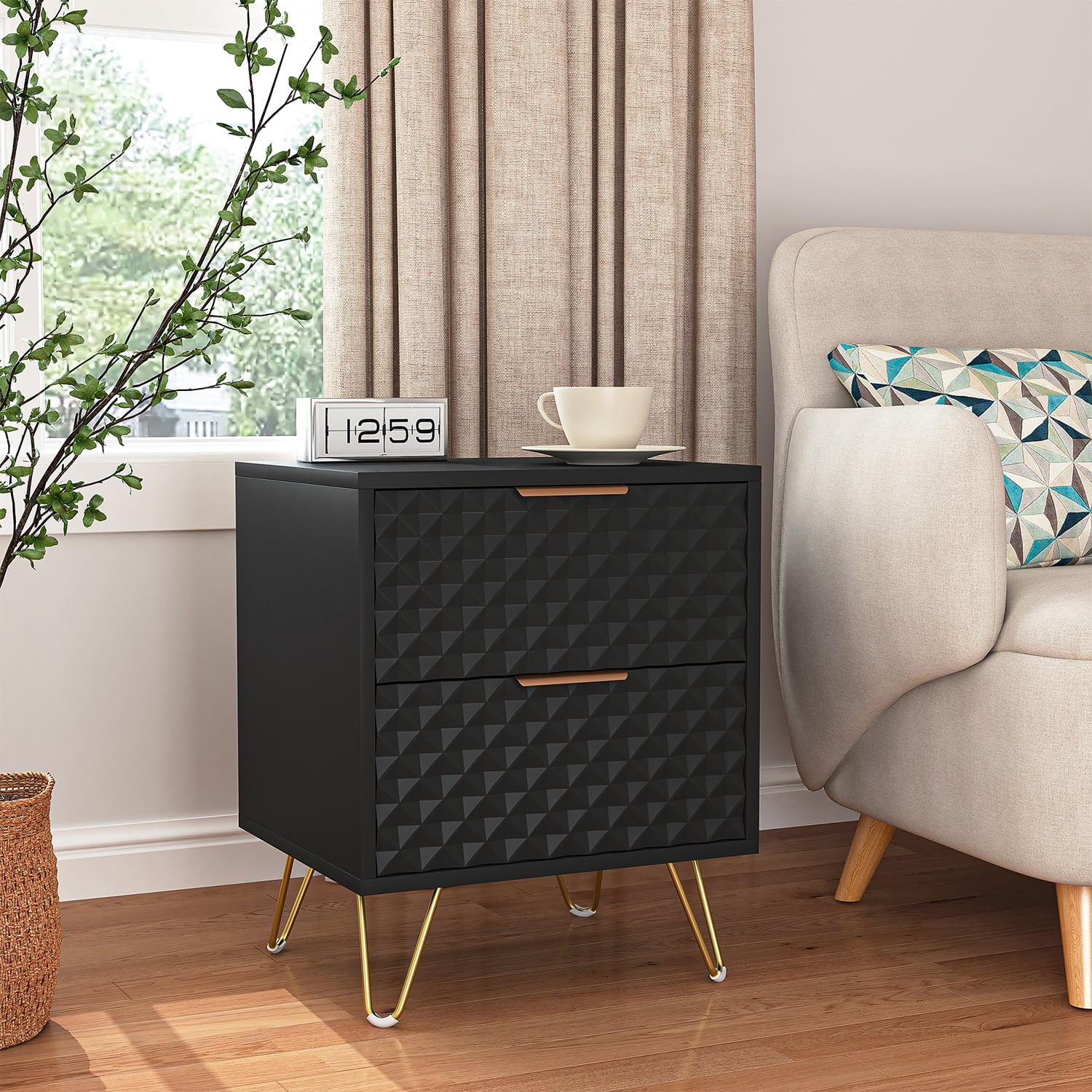 Kepooman Nightstand, Set of 2 Nightstand Side Table End Table, Wood Bedside Tables with 2 Drawers for Bedroom, Black