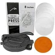 Heavy Duty Pre-seasoned Cast Iron 8 Inches Maquina Tortilla Press Roti Pita Pataconera with 100 Tortilla Wax Paper. Free Replacement, If Damaged in 30 Days