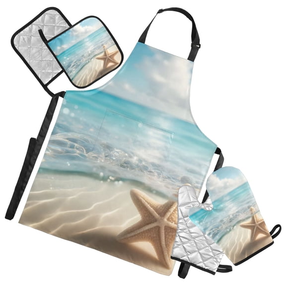 Starfish on Sand Beach 5 Pcs Kitchen Set Heat Resistant Oven Mitts and Non-Slip Pot Holders with Adjustable Cooking Apron
