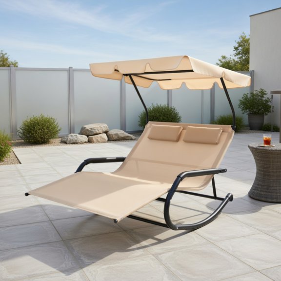Resenkos Outdoor 2 Persons Rocking Chaise Lounge with Canopy and Wheels, Outdoor Glider Rocking Chair Cushion Lawn, Outdoor Furniture for Porch,Backyard,Indoor and Garden, Beige