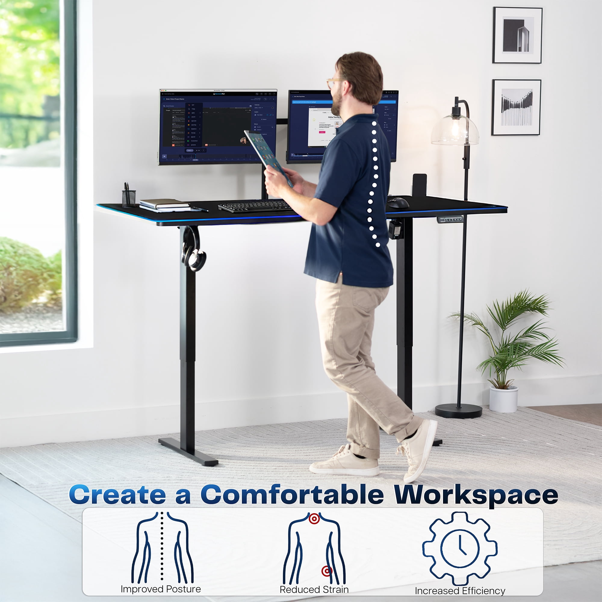 VIVO Electric 71” x 30” Stand Up Desk with RGB, Black Table Top, Black Frame