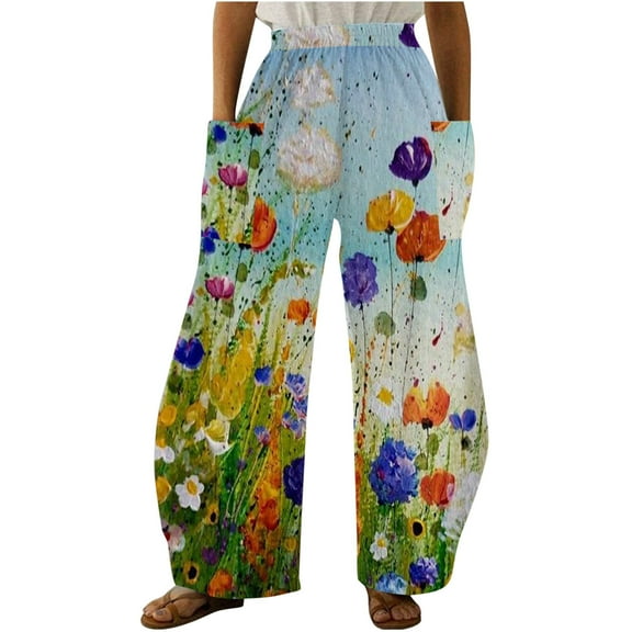 YANHAIGONG Wide Leg Pants For Women Womens Pants Summer Women Casual Printing Pockets Elastic Mid-Waist Comfortable Wide-Legged Loose Pants