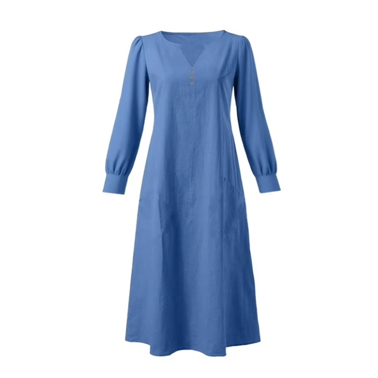 Summer Dress for Women Cotton Linen 3/4 Sleeves Boho Flowy House Dresses Plus Size Lounge Fall Sun Dress with Pockets Royal Blue S